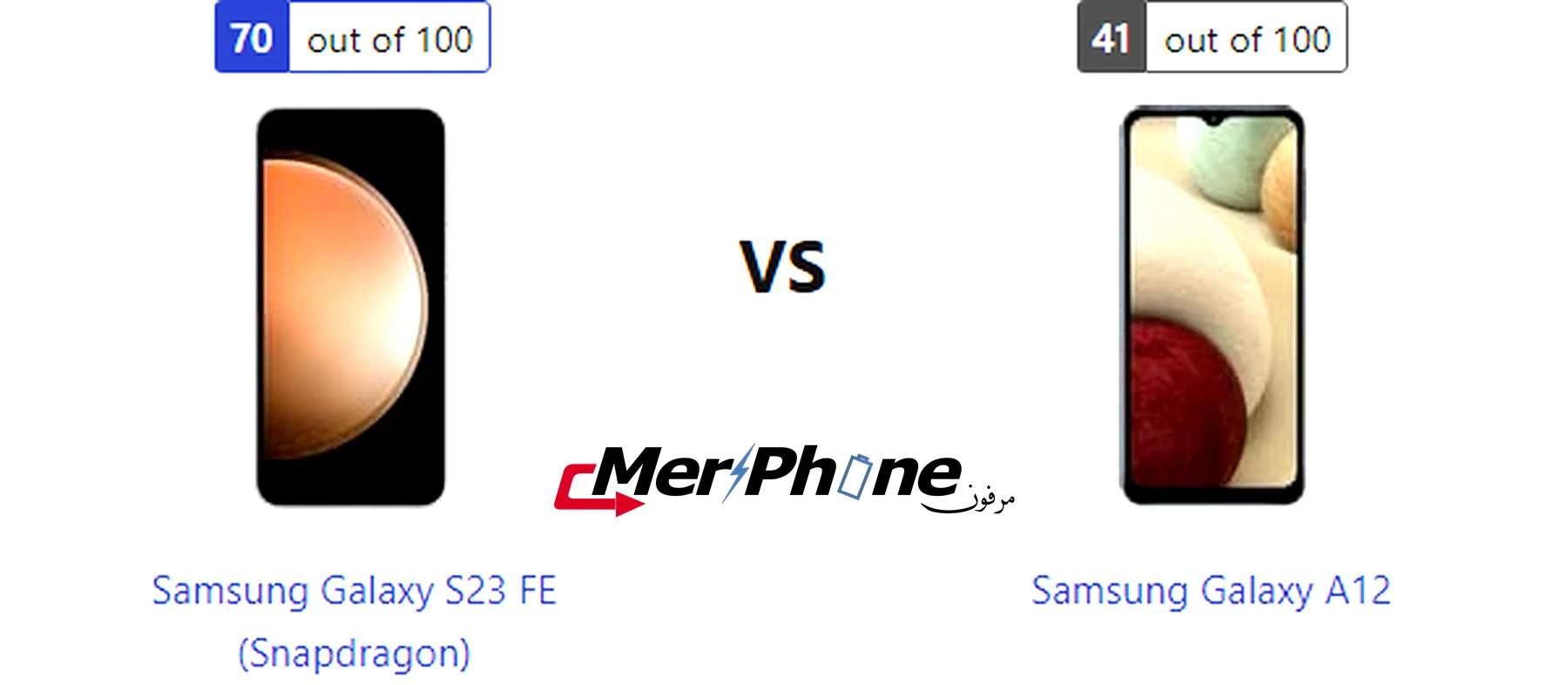 صورة توضح الفروق في التصميم الخارجي لـ Samsung Galaxy S23 FE (Snapdragon) و Samsung Galaxy A12
