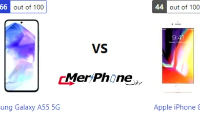 صورة توضح مقارنة المواصفات بين Samsung Galaxy A55 5G و Apple iPhone 8