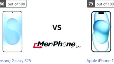 صورة توضح واجهة تطبيق الكاميرا لـ Samsung Galaxy S25 و Apple iPhone 15