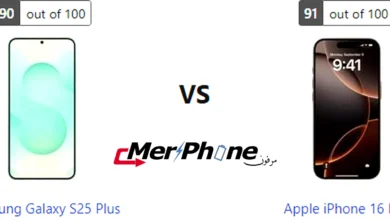 صورة توضح الفروق في التصميم الخارجي لـ Samsung Galaxy S25 Plus و Apple iPhone 16 Pro